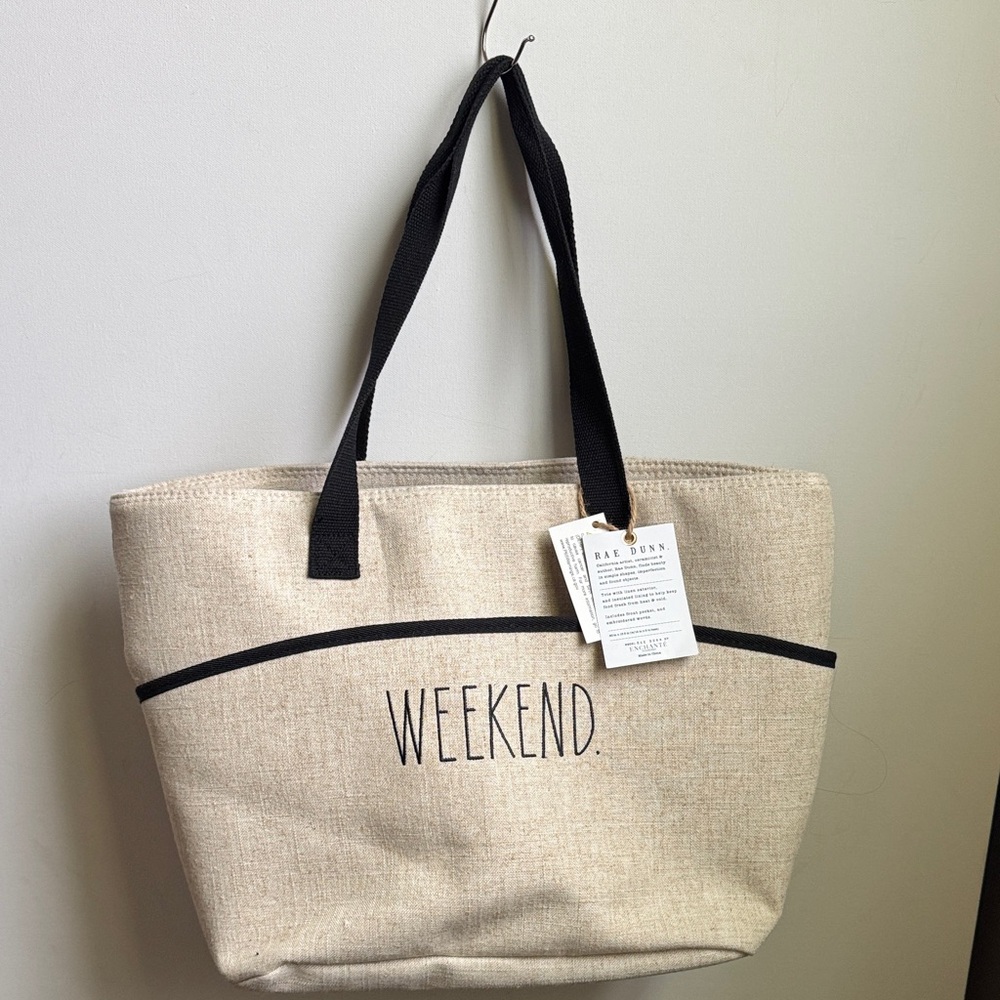 Rae Dunn WEEKEND. Insulated Tote with linen exterior - Black and Tan
